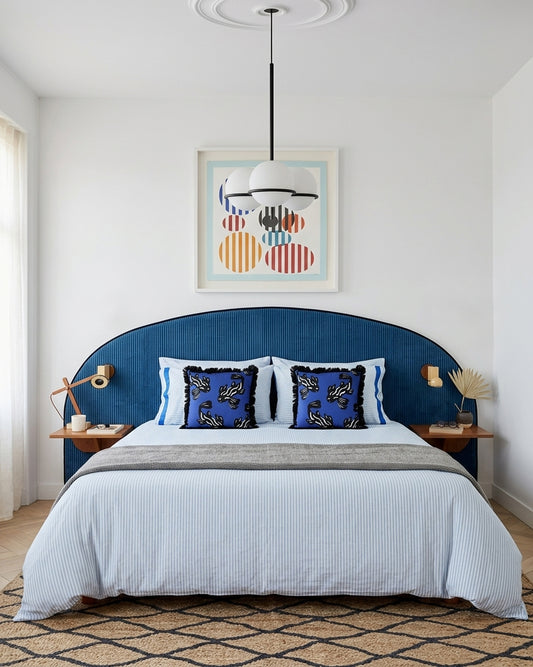 Decorative fun fringed cushion for children bedroom decor with blue fish print