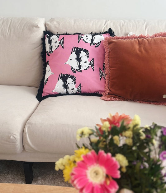 Decorative fun fringed cushion for children bedroom decor with pink fish print