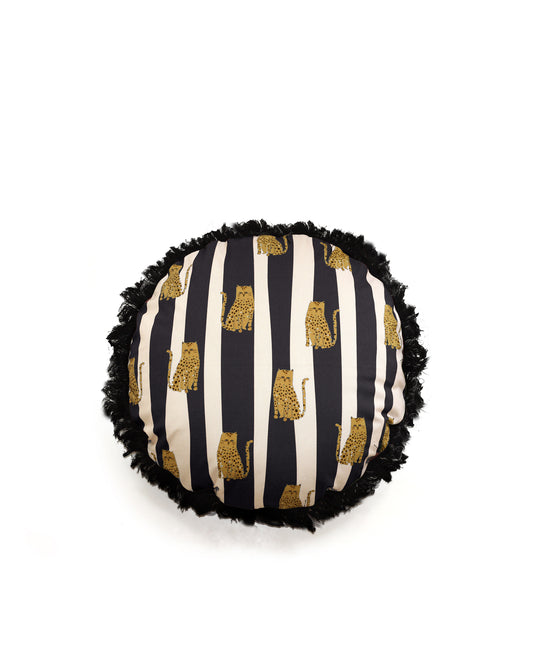 fat cat round cushion with fringes, yellow cat + black and white stripes.