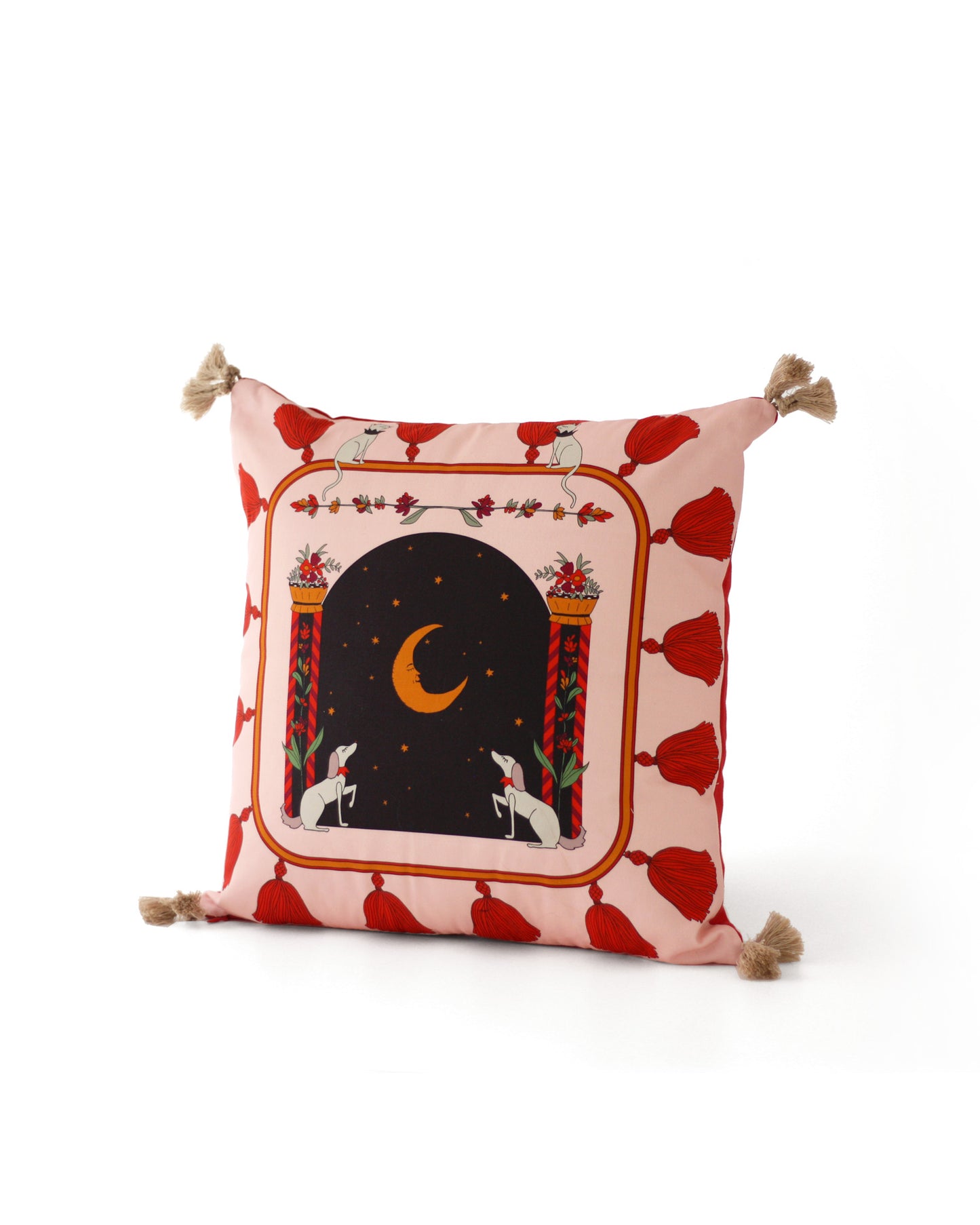 ode to the moon feminine, mystical, spiritual pink and red decorative cushion
