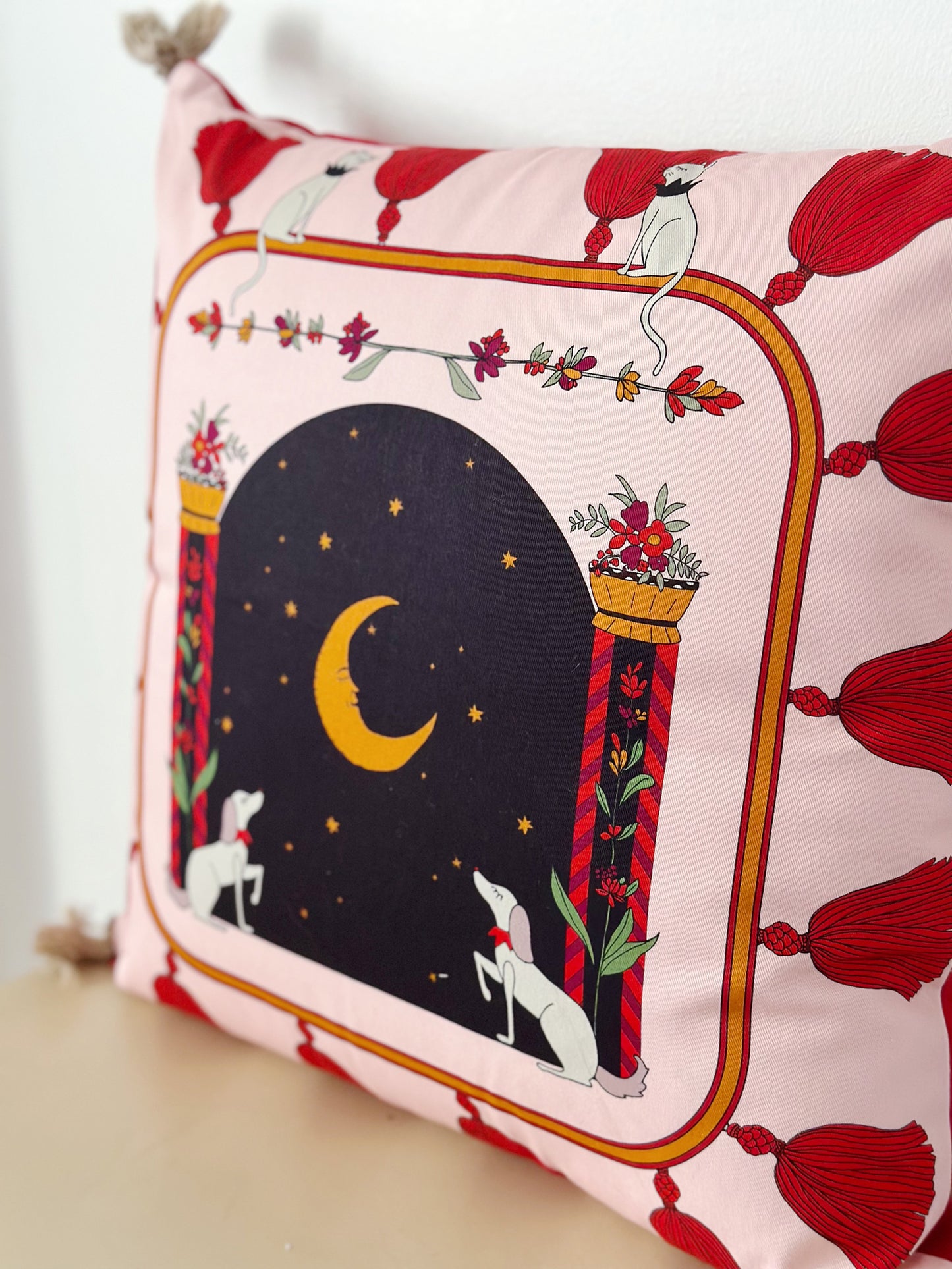 ode to the moon feminine, mystical, spiritual pink and red decorative cushion