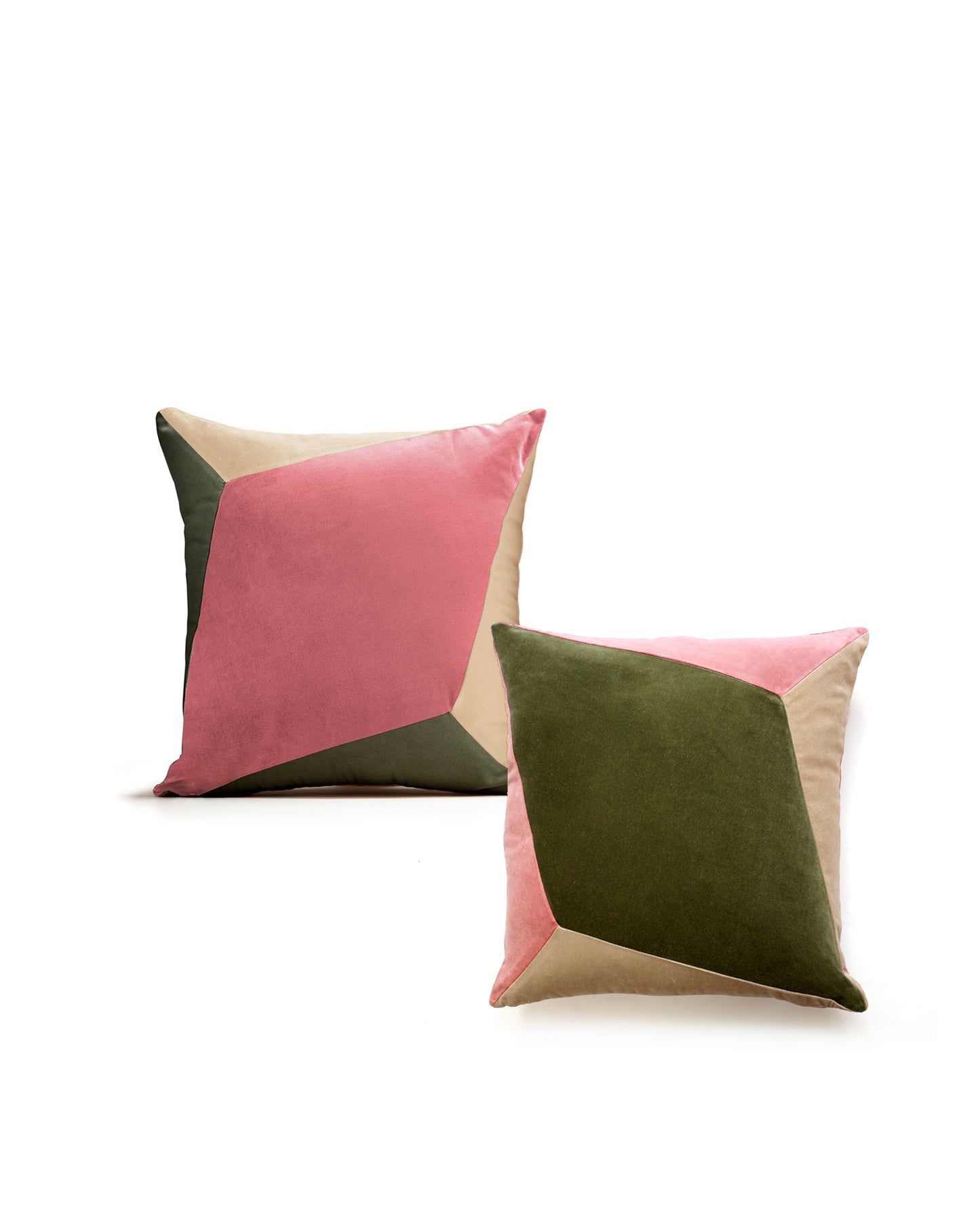 Pink and Green Geometric Luxury Velvet Pillow in cotton velvet by My Friend Paco home furnishings for decoration and interior design