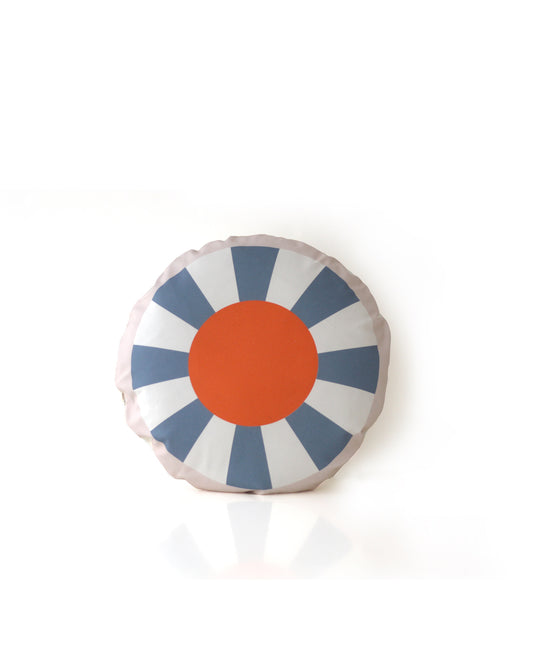 TOM round decorative cushion in Blue and Orange with vibrant geometric patterns, made from organic cotton, eco-friendly, perfect for kids' rooms and modern home decor.