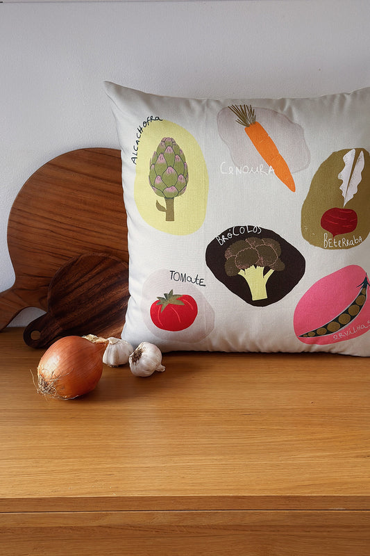 Veggies decorative cushion in vegetable print, made from organic cotton, eco-friendly, perfect for kids' rooms and modern home decor.