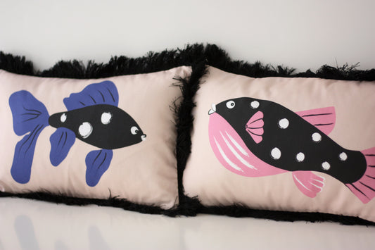 Decorative fun fringed cushion for children bedroom decor with blue fish print