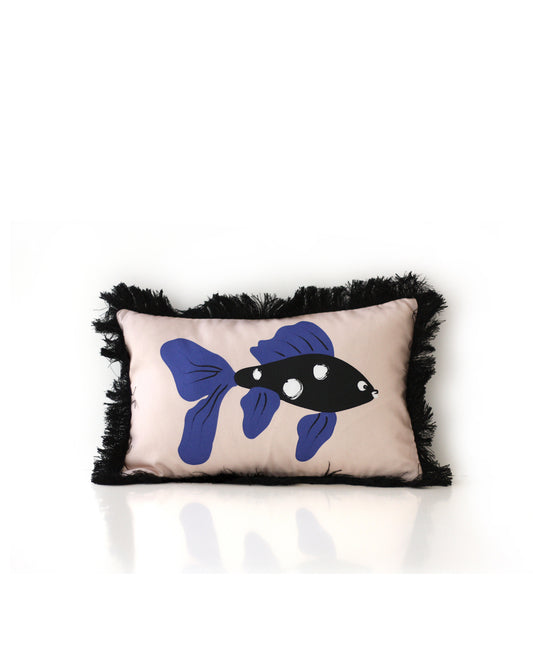 Decorative fun fringed cushion for children bedroom decor with blue fish print