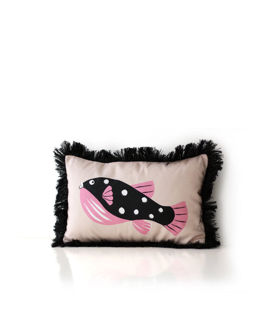 Decorative fun fringed cushion for children bedroom decor with pink fish print