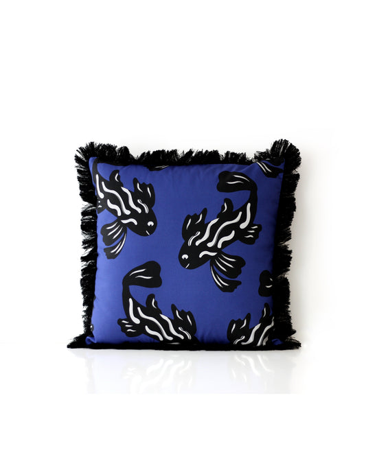 Decorative fun fringed cushion for children bedroom decor with blue fish print