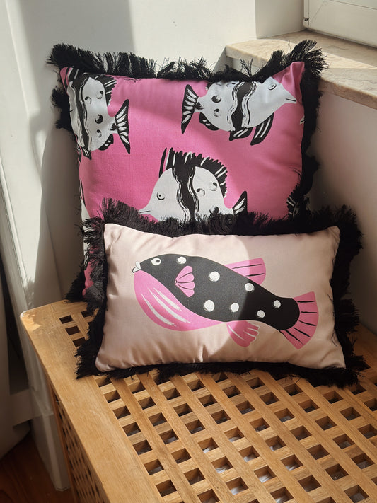 Decorative fun fringed cushion for children bedroom decor with pink fish print