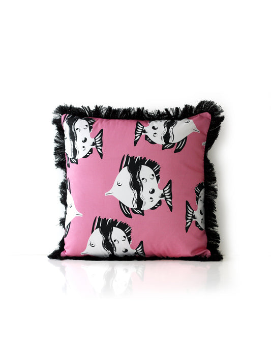 Decorative fun fringed cushion for children bedroom decor with pink fish print