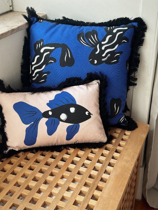 Decorative fun fringed cushion for children bedroom decor with blue fish print