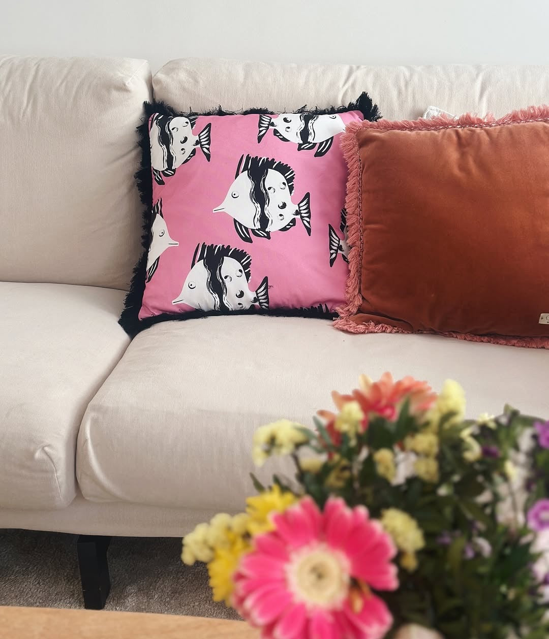 Decorative fun fringed cushion for children bedroom decor with pink fish print
