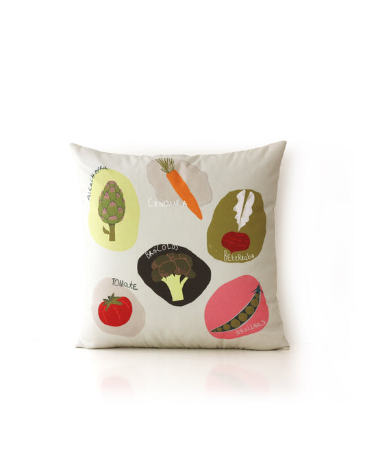 Veggie decorative cushion in vegetable print, made from organic cotton, eco-friendly, perfect for kids' rooms and modern home decor.