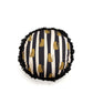 fat cat round cushion with fringes, yellow cat + black and white stripes.